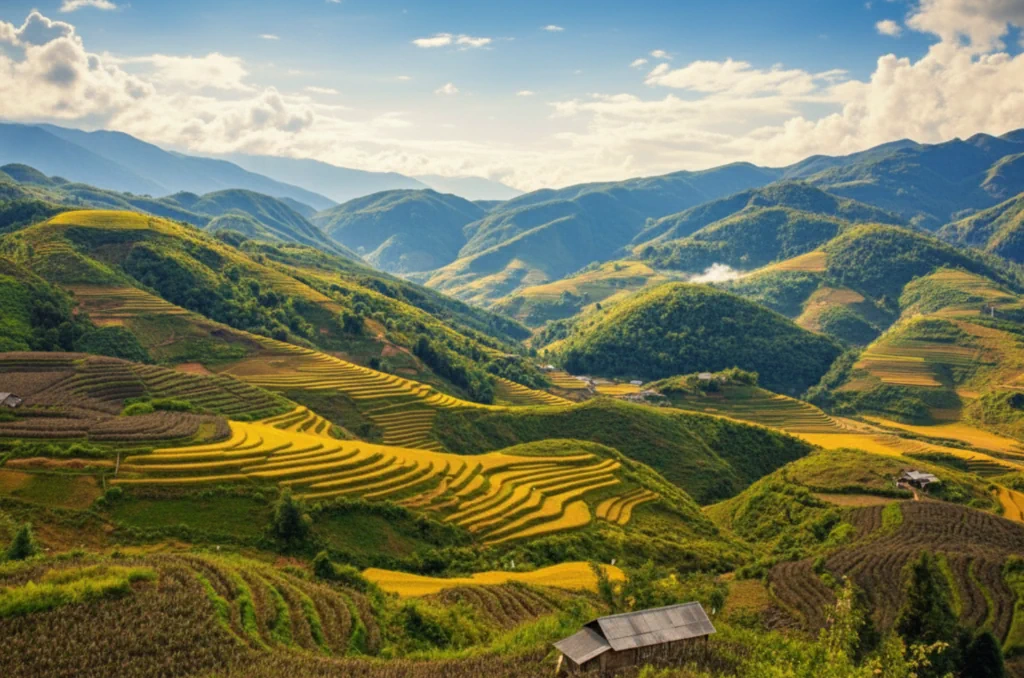 Berge mit grünen Reisterrassen unter einem bewölkten Himmel.1024x678 27022026 Berge mit grünen Reisterrassen unter einem bewölkten Himmel.